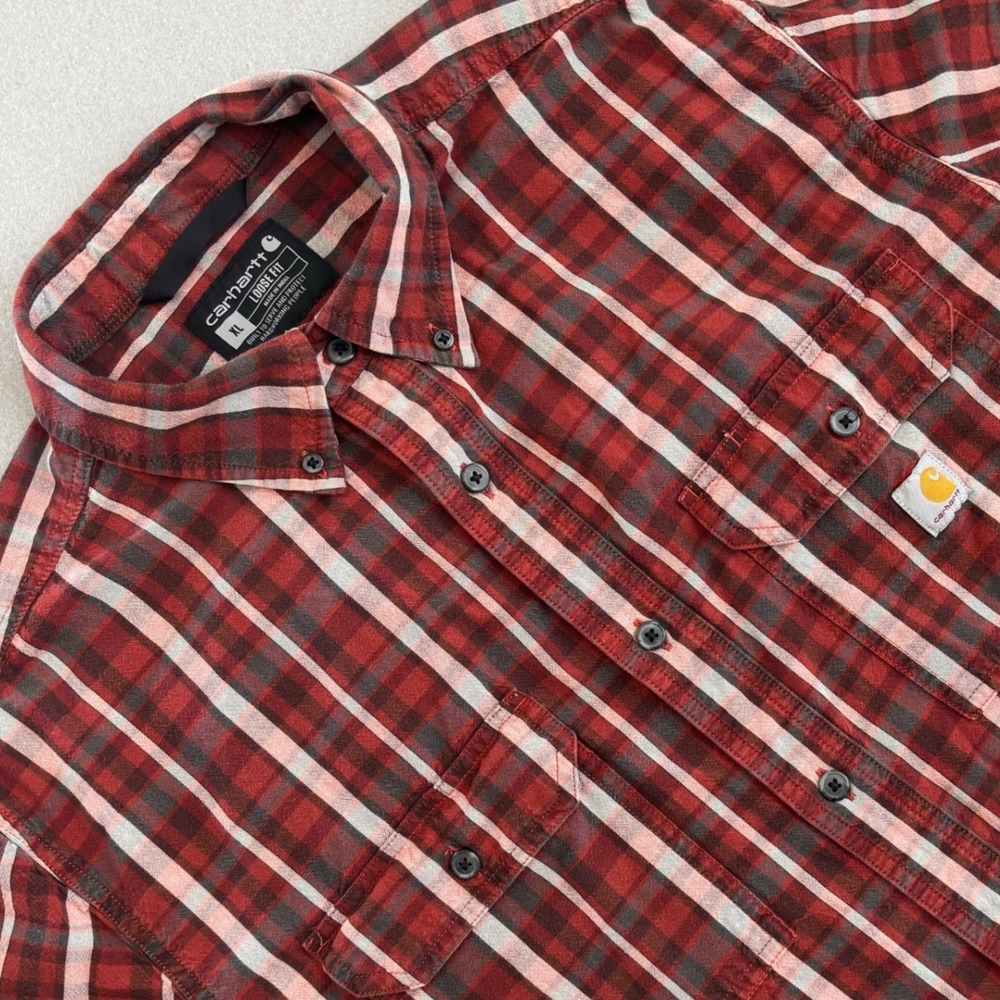 Carhartt Mens XL Loose Fit Plaid Short Sleeve Button Down Shirt Red TW4625-M